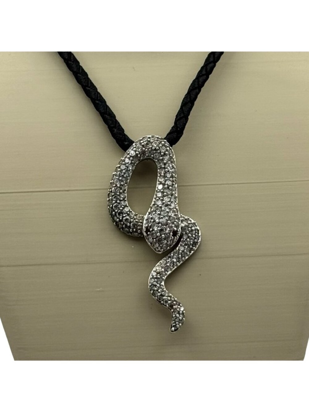 Sterling Silver Snake Pendant Necklace Black Onyx Eyes Braided Leather Cord 16"